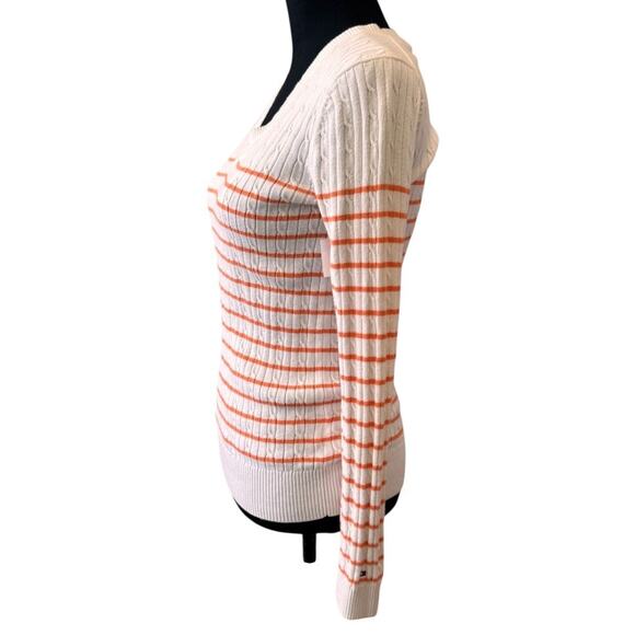 New TOMMY HILFIGER Women's Cream/Orange V Neck Stripe Cable Sweater Size S - Picture 4 of 6